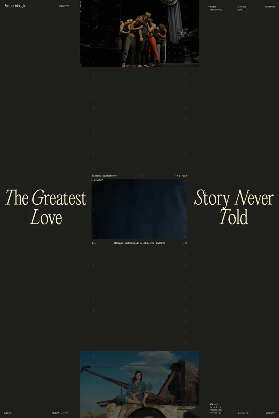 Jason Bergh — screenshot of a dark, elegant video portfolio site in dark blue and black