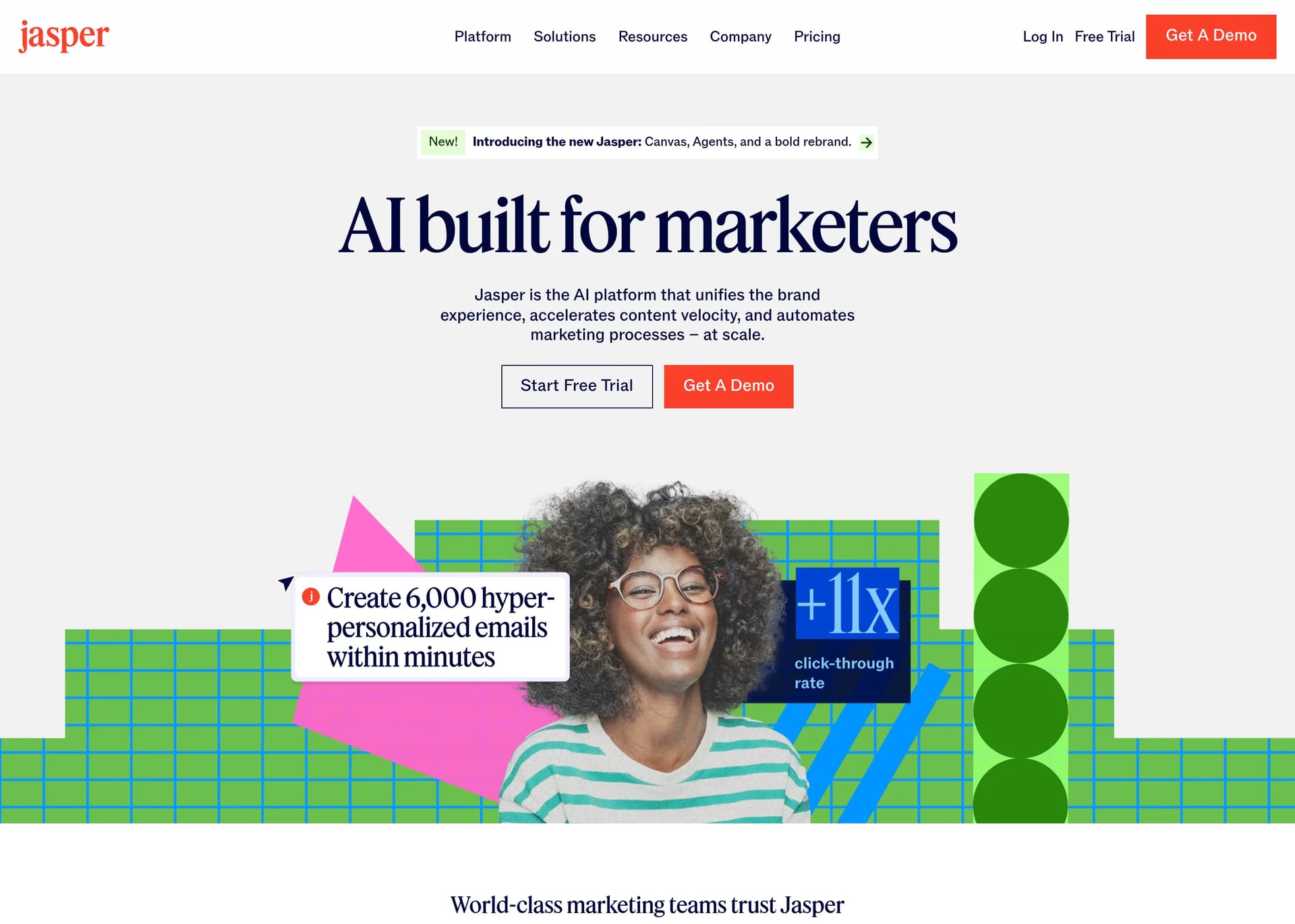 Jasper — screenshot of a colourful, pastel marketing landing page in dark green and light grey