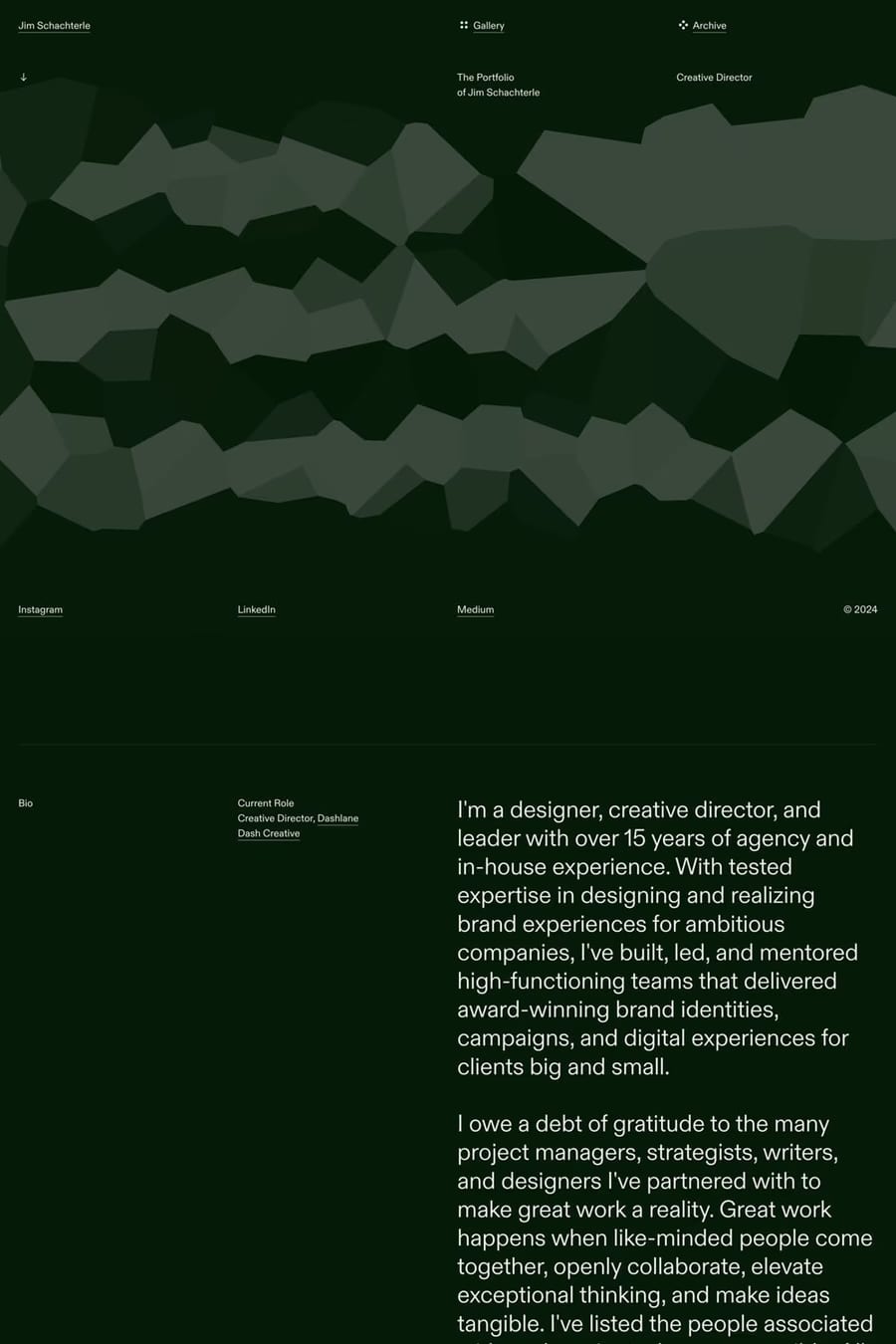 Jim Schachterle — screenshot of a design portfolio site in dark green, with patterns