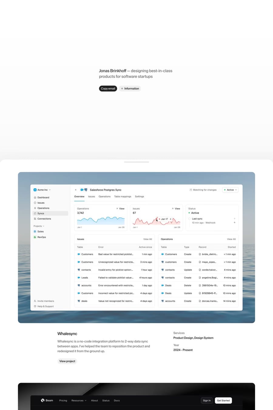 Jonas Brinkhoff — screenshot of a minimal, black-and-white design portfolio site in white and light grey
