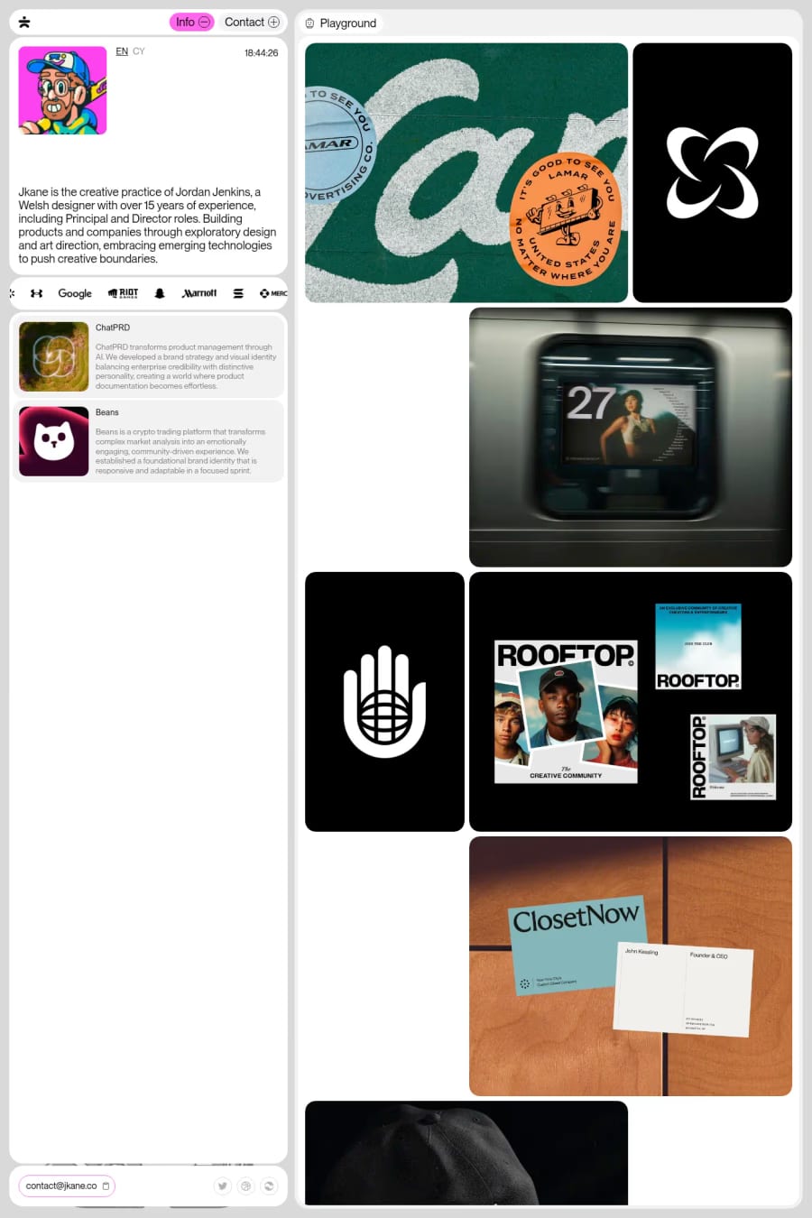 Jordan Jenkins — screenshot of a design portfolio site in white and grey, with sans-serif type and a varied layout