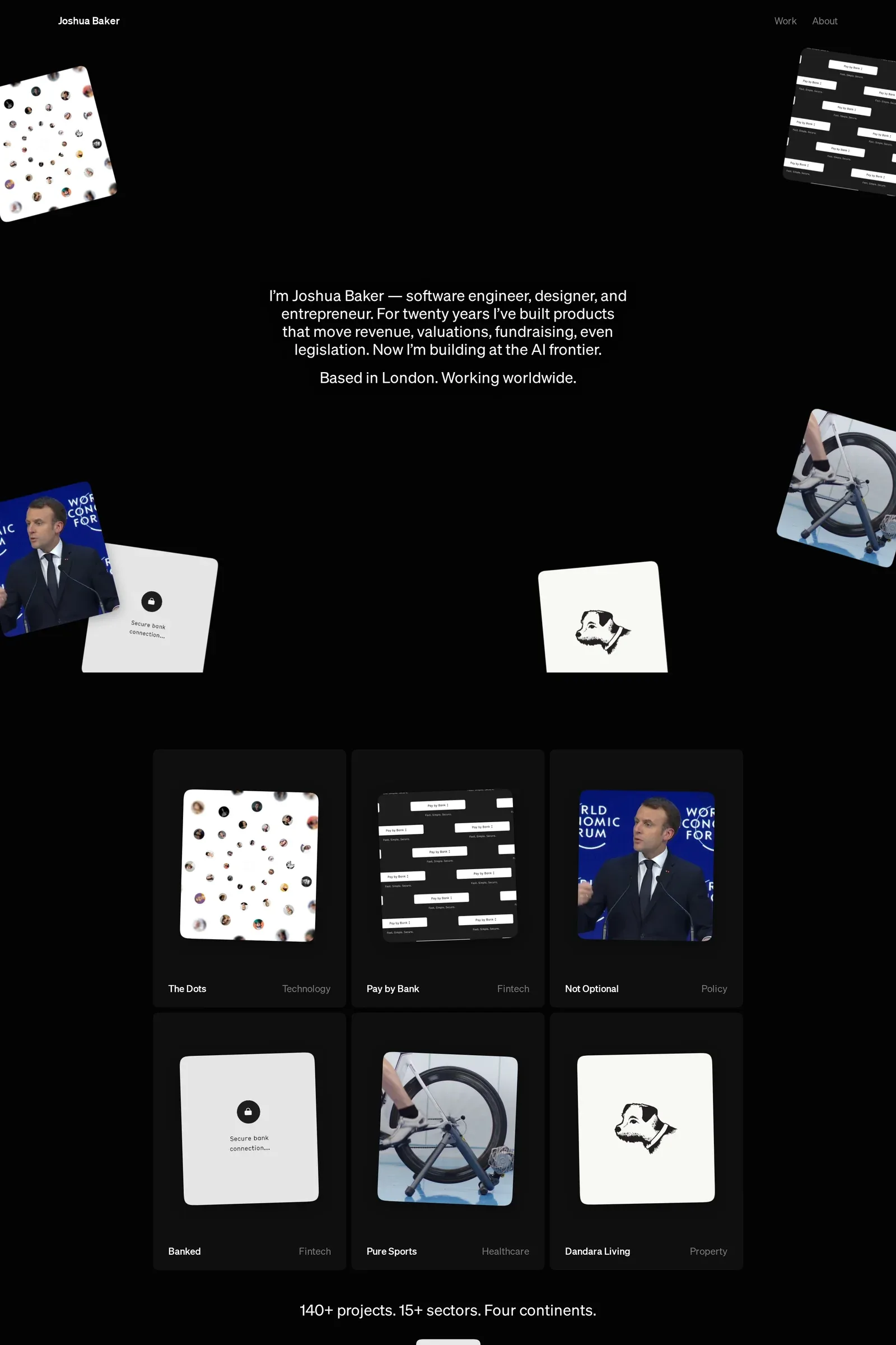 Joshua Baker — screenshot of a dark, typographic AI portfolio site in black and white
