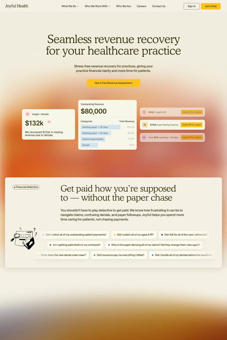 Joyful Health — screenshot of a noisy health landing page in orange and beige