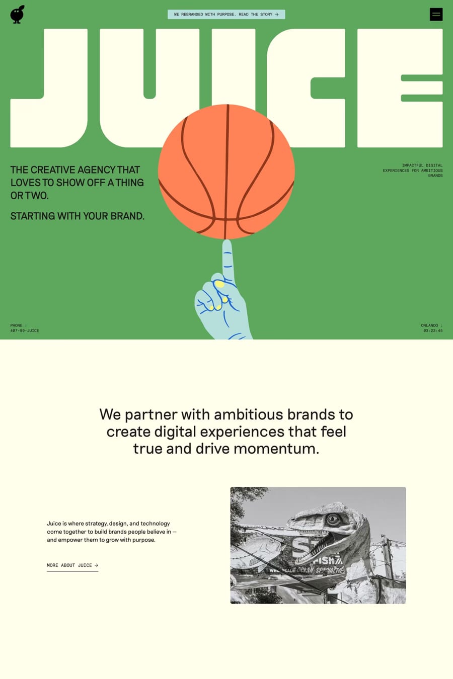 Juice — screenshot of a design agency site in green and beige, with illustration and monospaced type