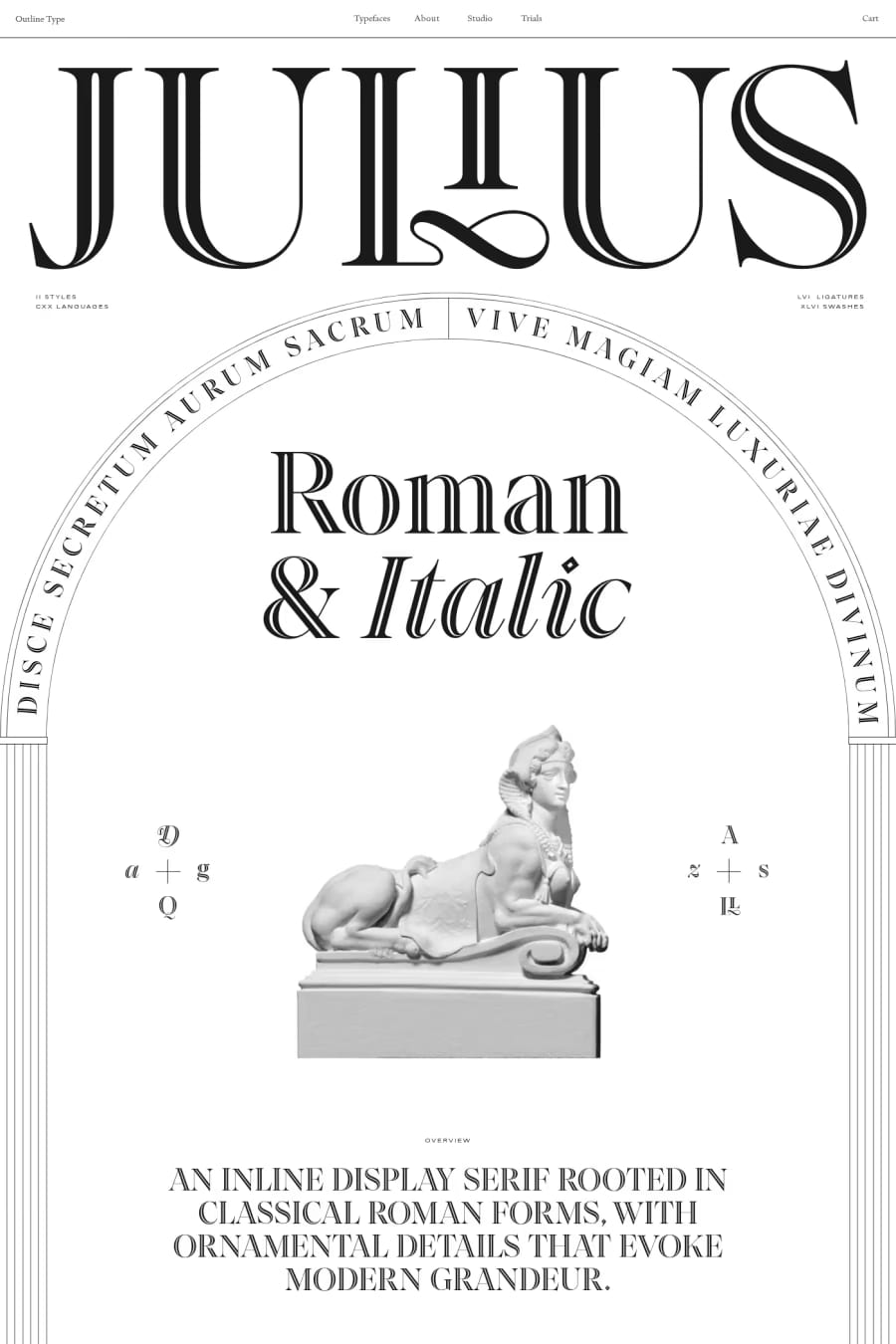 Julius — screenshot of a typographic, detailed typography landing page in white and black