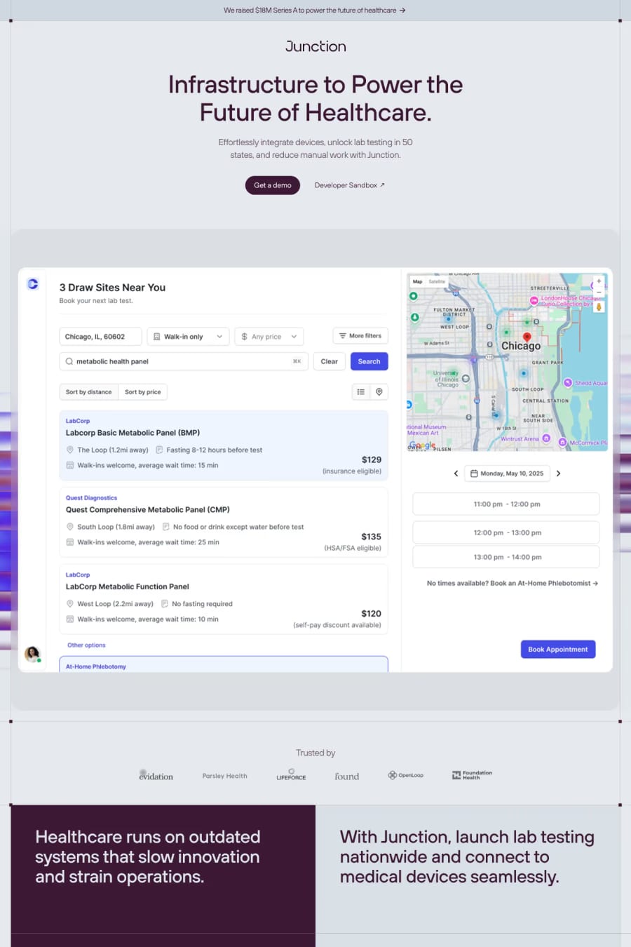 Junction — screenshot of a health landing page in light blue and dark purple, with patterns and mesh gradients