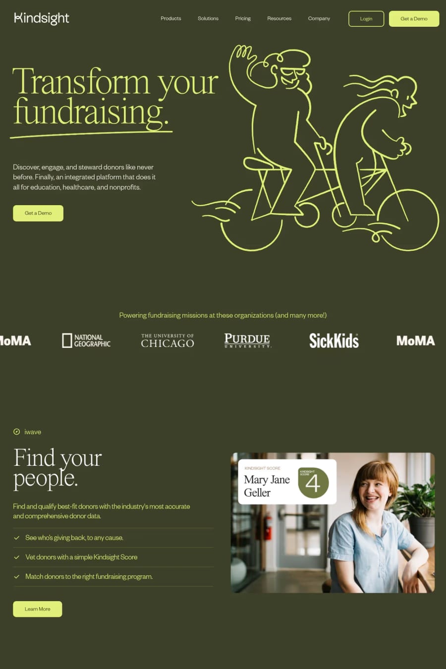 Kindsight — screenshot of a hand-drawn, colourful charity landing page in dark green and light green