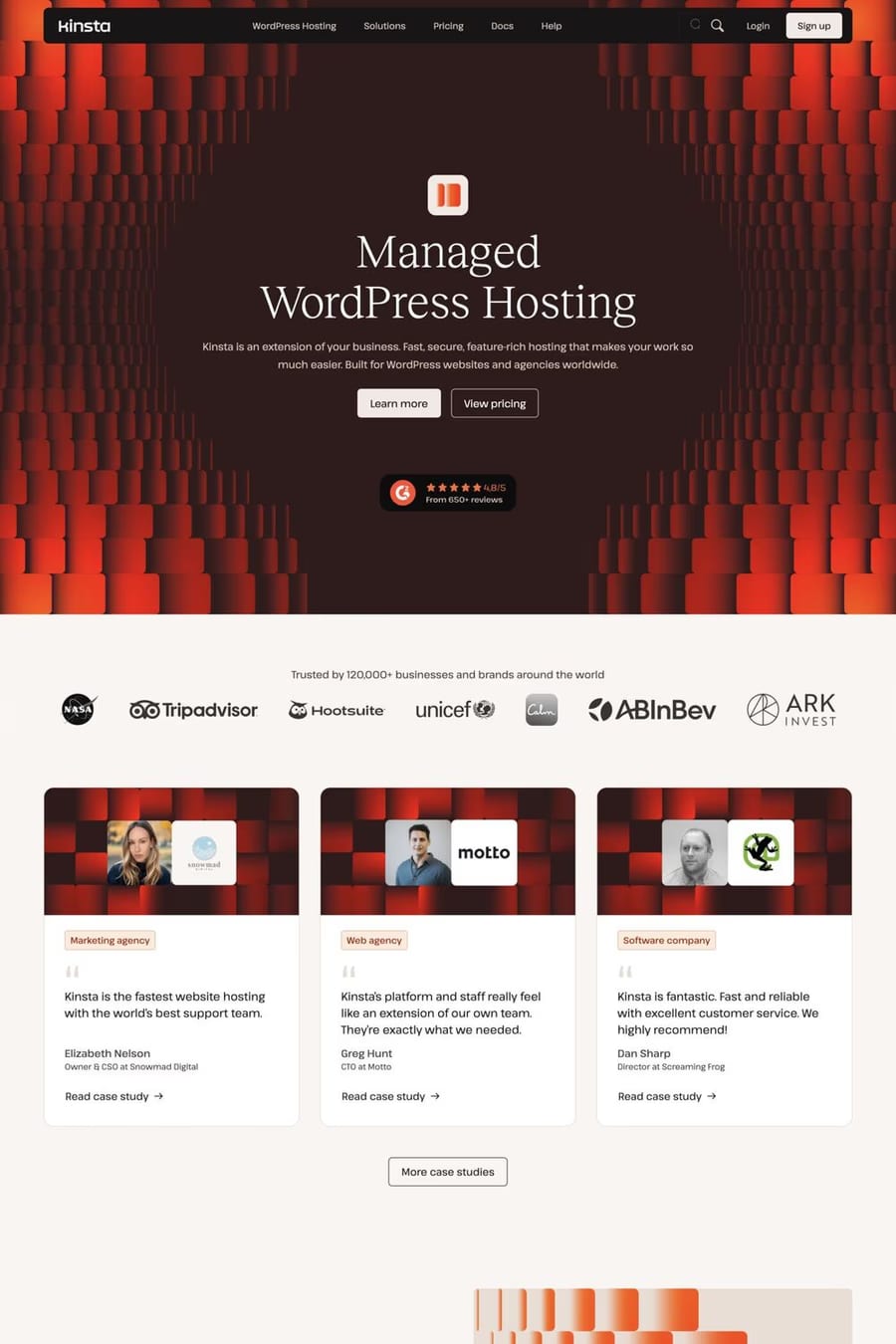 Kinsta — screenshot of a development landing page in red, with patterns and serif type