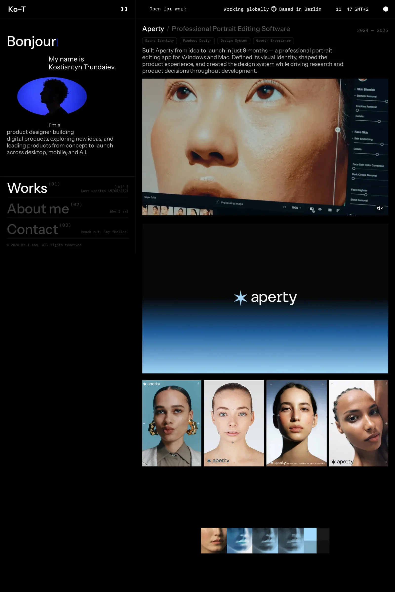 Ko–T — screenshot of a dark, typographic design portfolio site in black and white