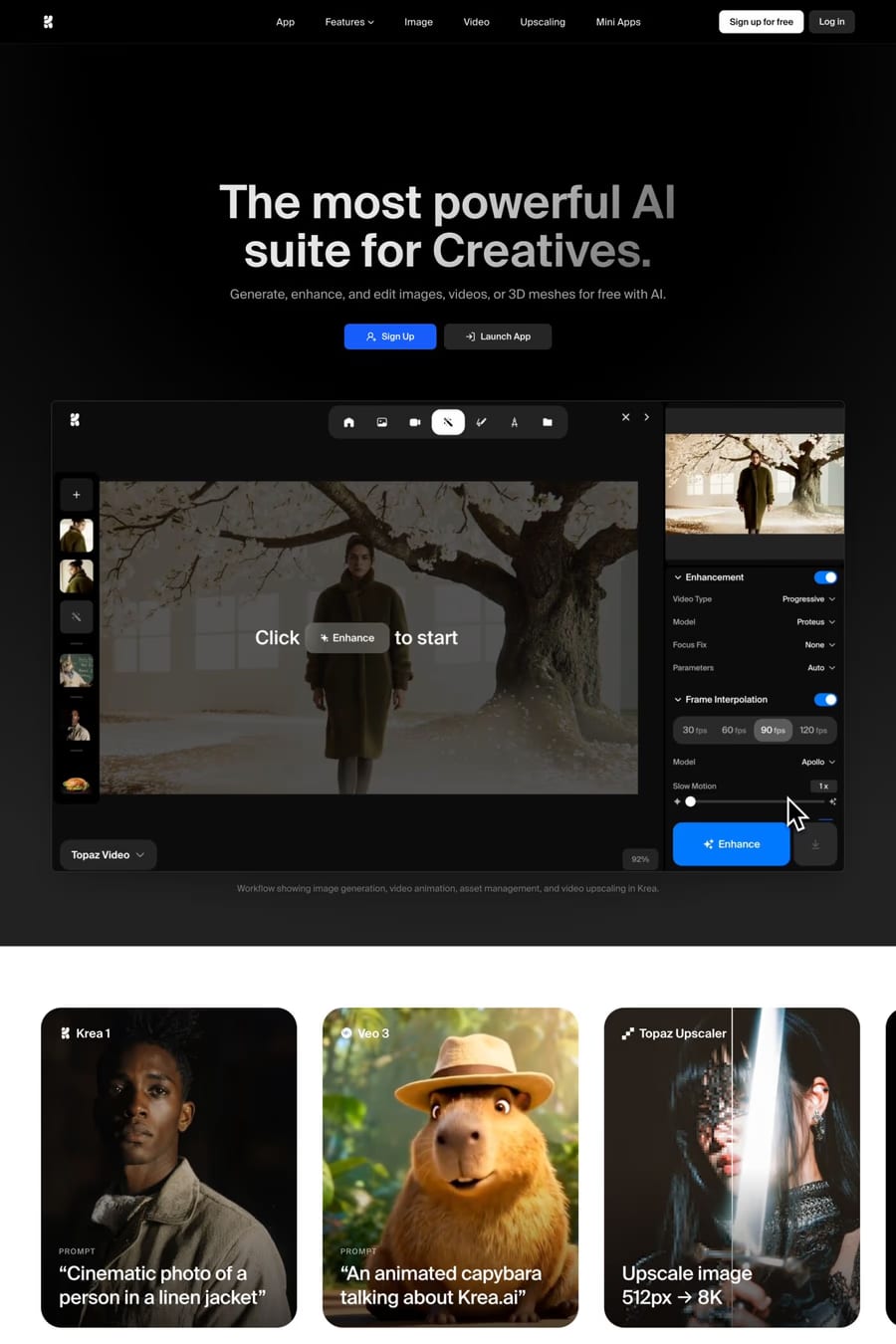 Krea — screenshot of a dark, minimal AI landing page in blue and black