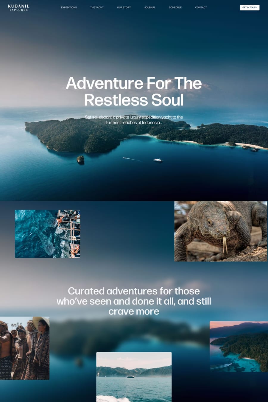 Kudanil Explorer — screenshot of an elegant travel landing page in white and beige