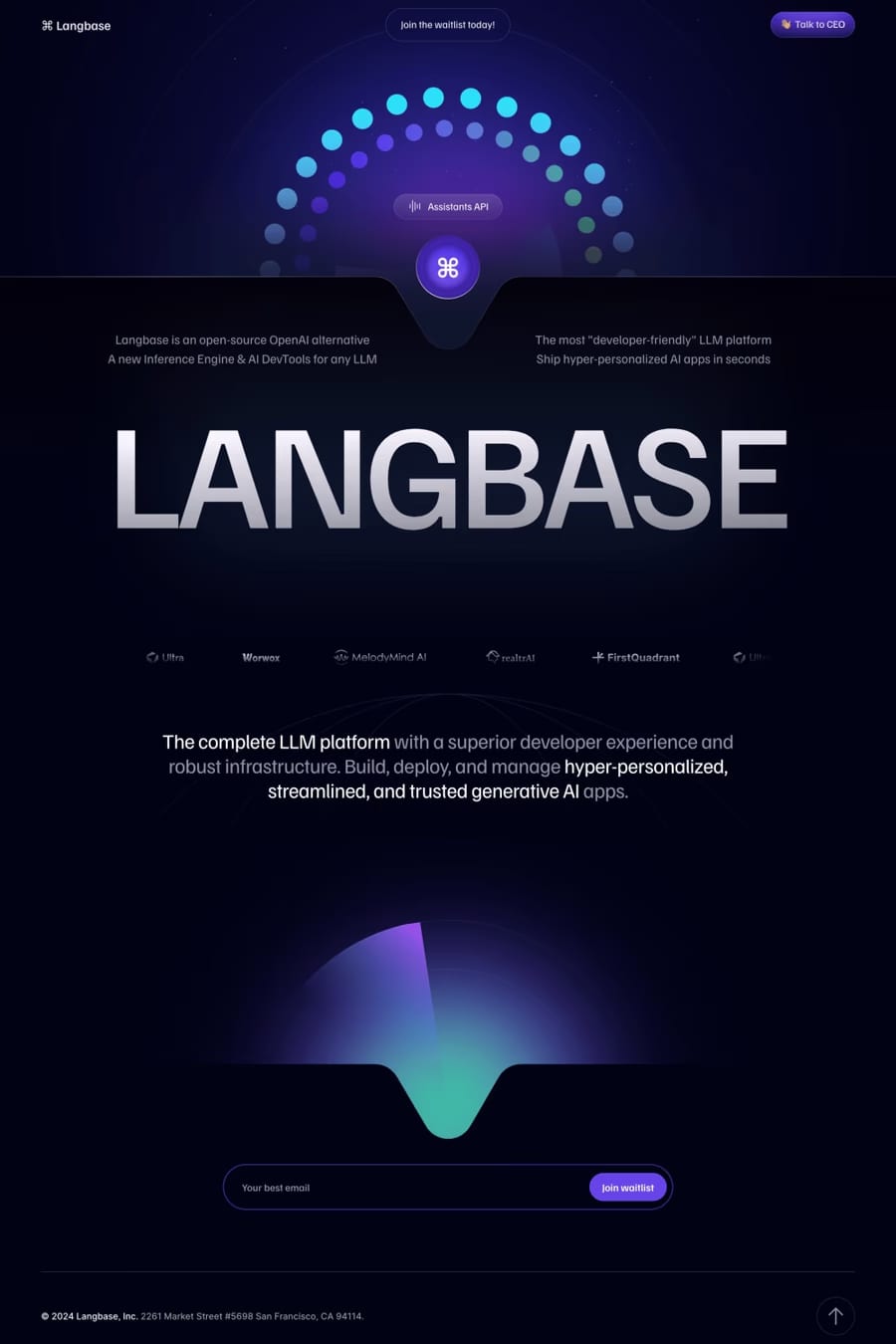 Langbase — screenshot of a dark technology landing page in dark blue and light blue
