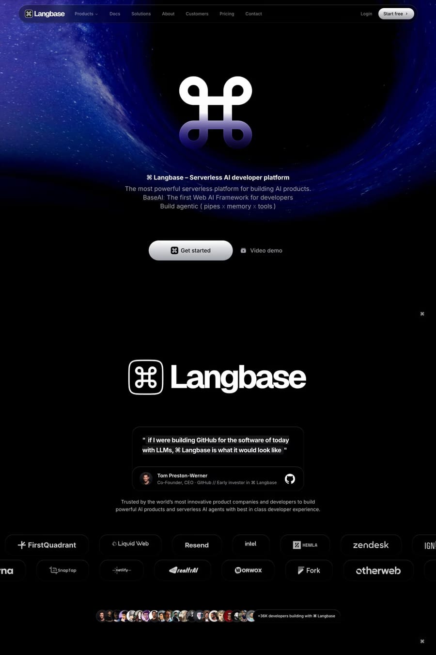 Langbase — screenshot of a dark AI landing page in dark blue and light blue