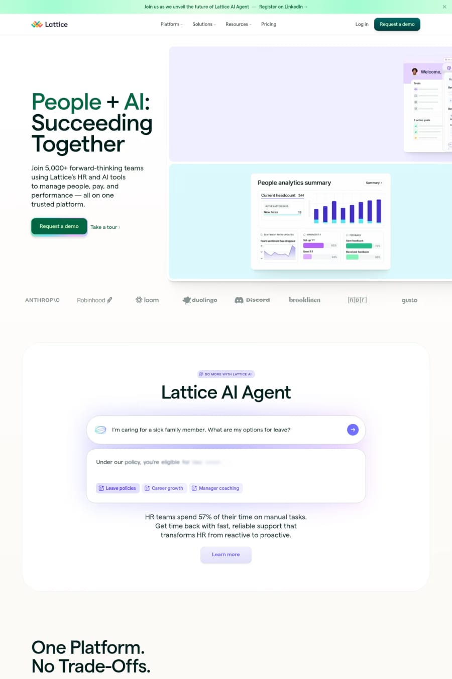 Lattice — screenshot of a pastel, colourful human resources landing page in white and dark green