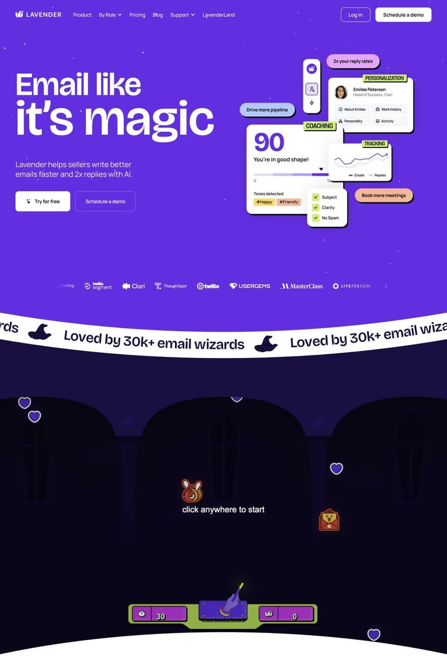 Lavender — screenshot of a colourful, fun AI landing page in purple and light green