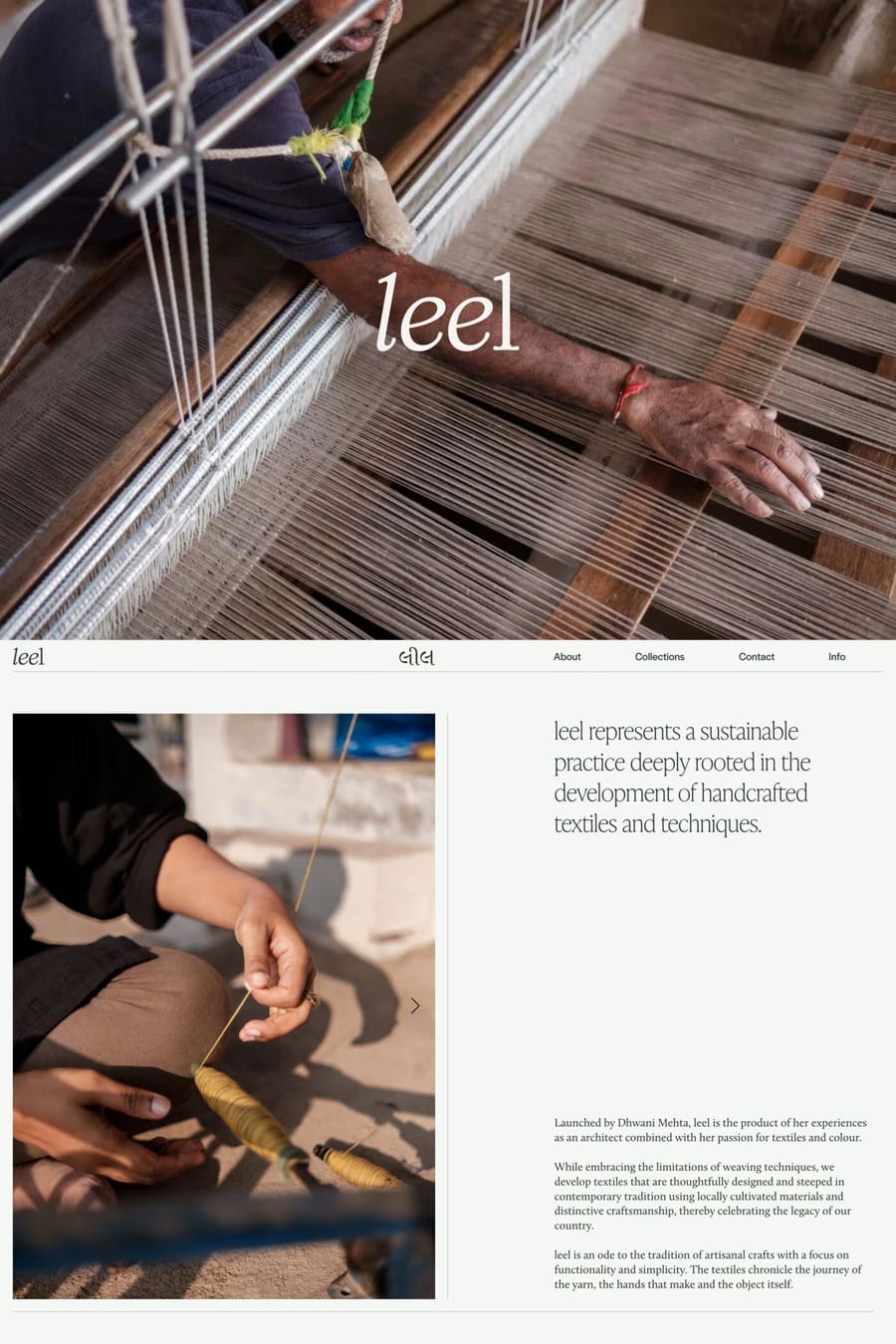 Leel — screenshot of a fashion online shop in beige and dark green, with line work and serif type