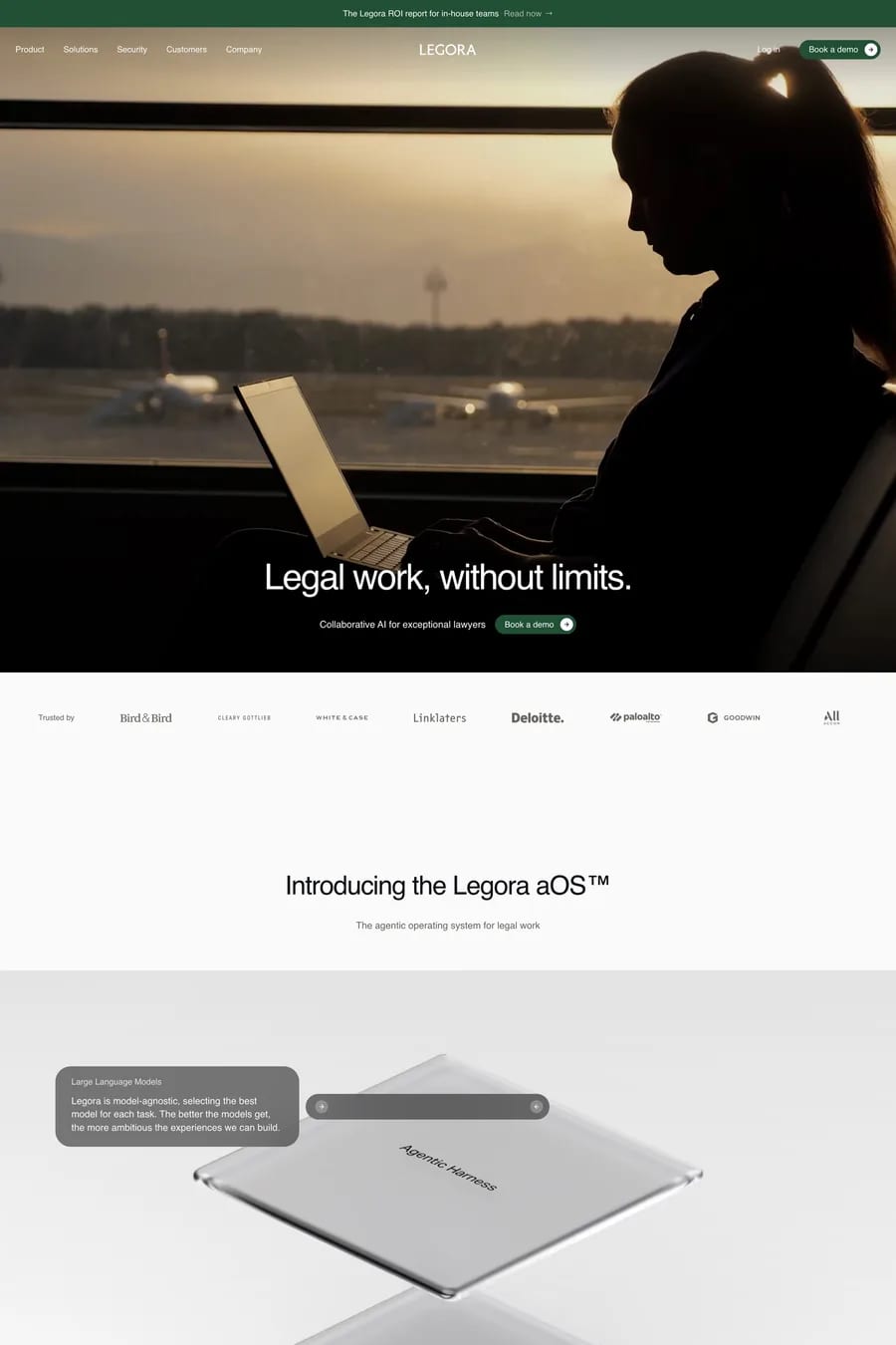 Legora — screenshot of a 3D, neutral AI landing page in dark green and grey