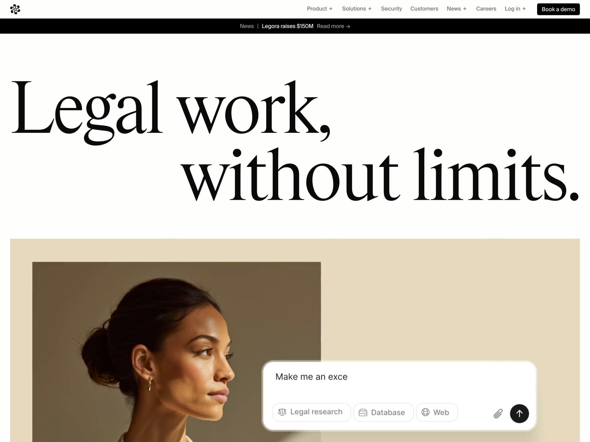 Legora — screenshot of a clean, techy legal landing page in white and black