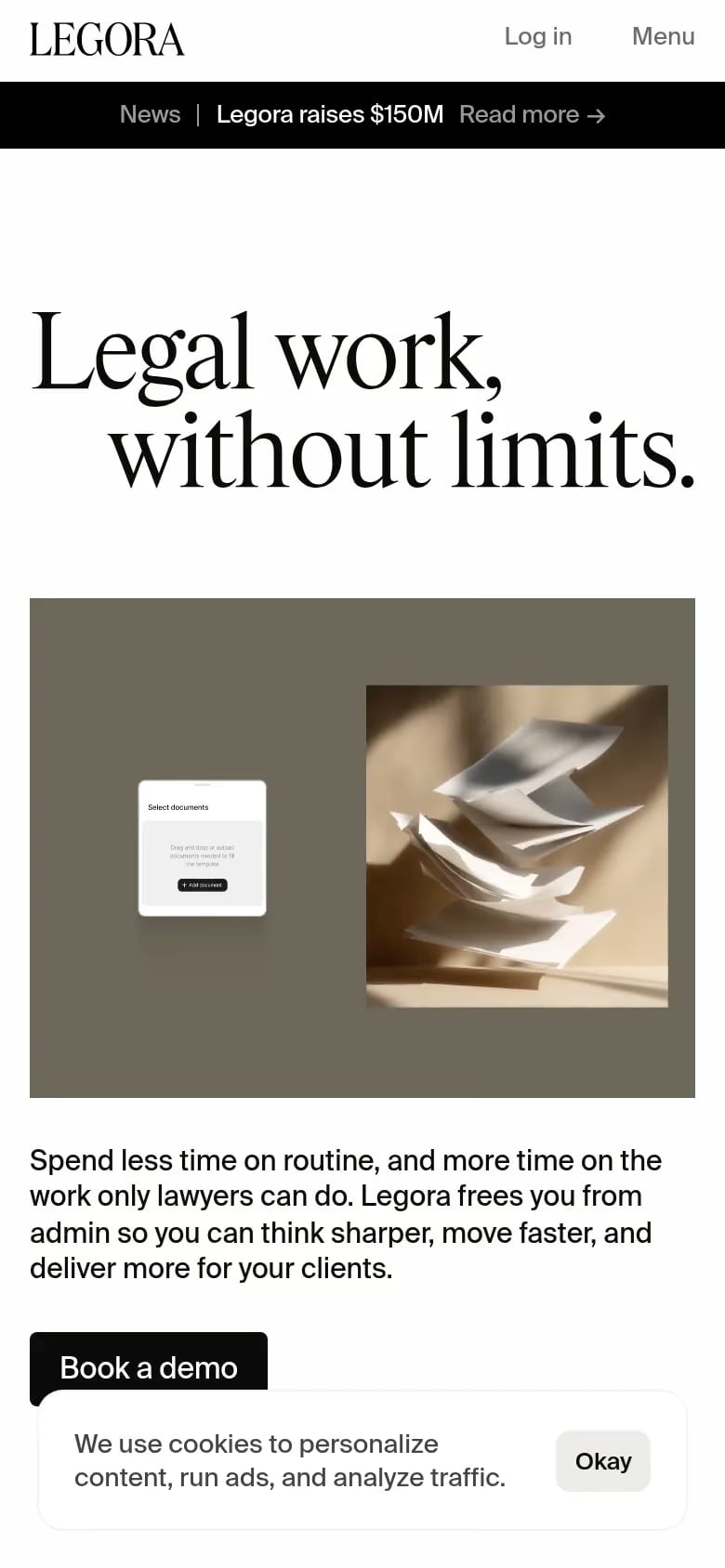 Legora — mobile screenshot of a clean, techy legal landing page in white and black