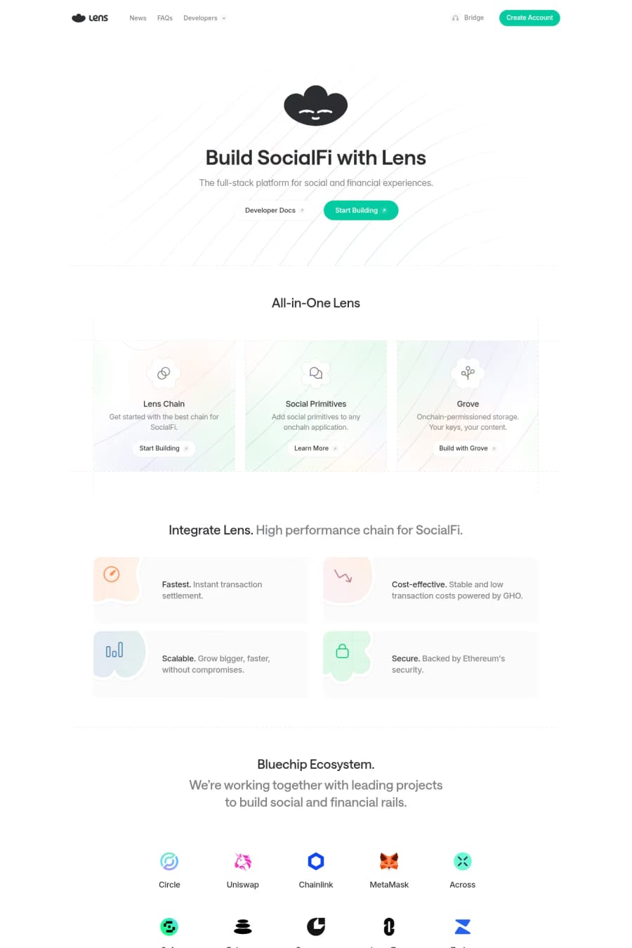 Lens — screenshot of a clean, minimal Web3 and crypto landing page in white and green