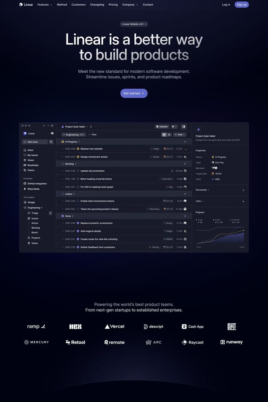 Linear — screenshot of a dark software landing page in dark blue and purple