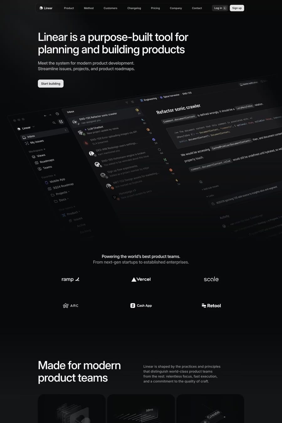 Linear — screenshot of a dark, minimal productivity landing page in black