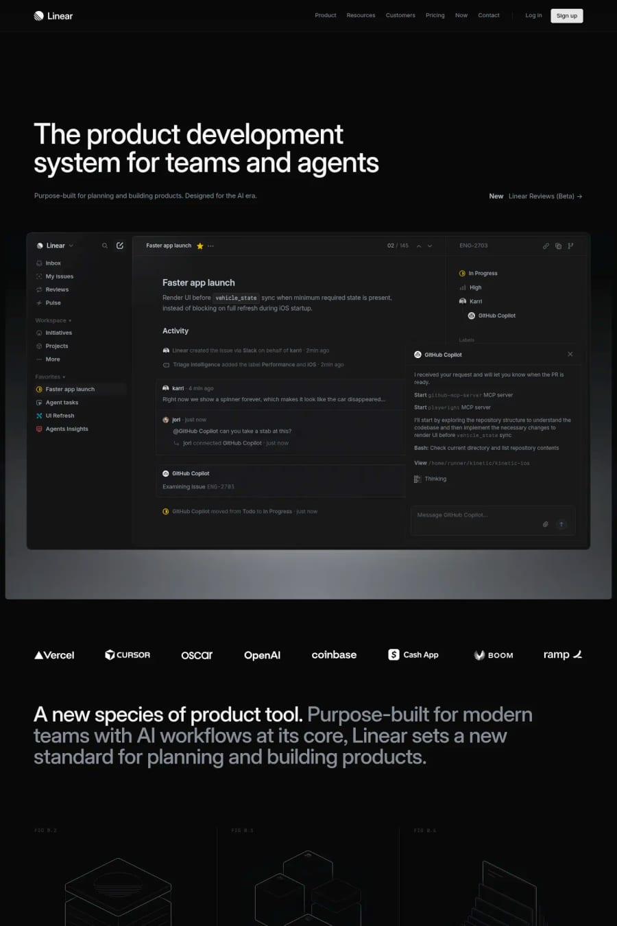 Linear — screenshot of a dark, techy software landing page in black and dark grey