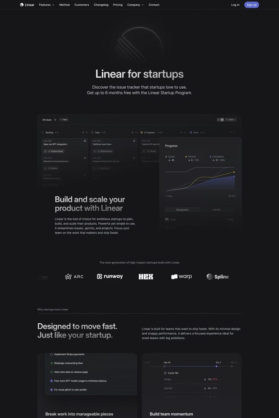 Linear for Startups — screenshot of a development landing page in black and purple