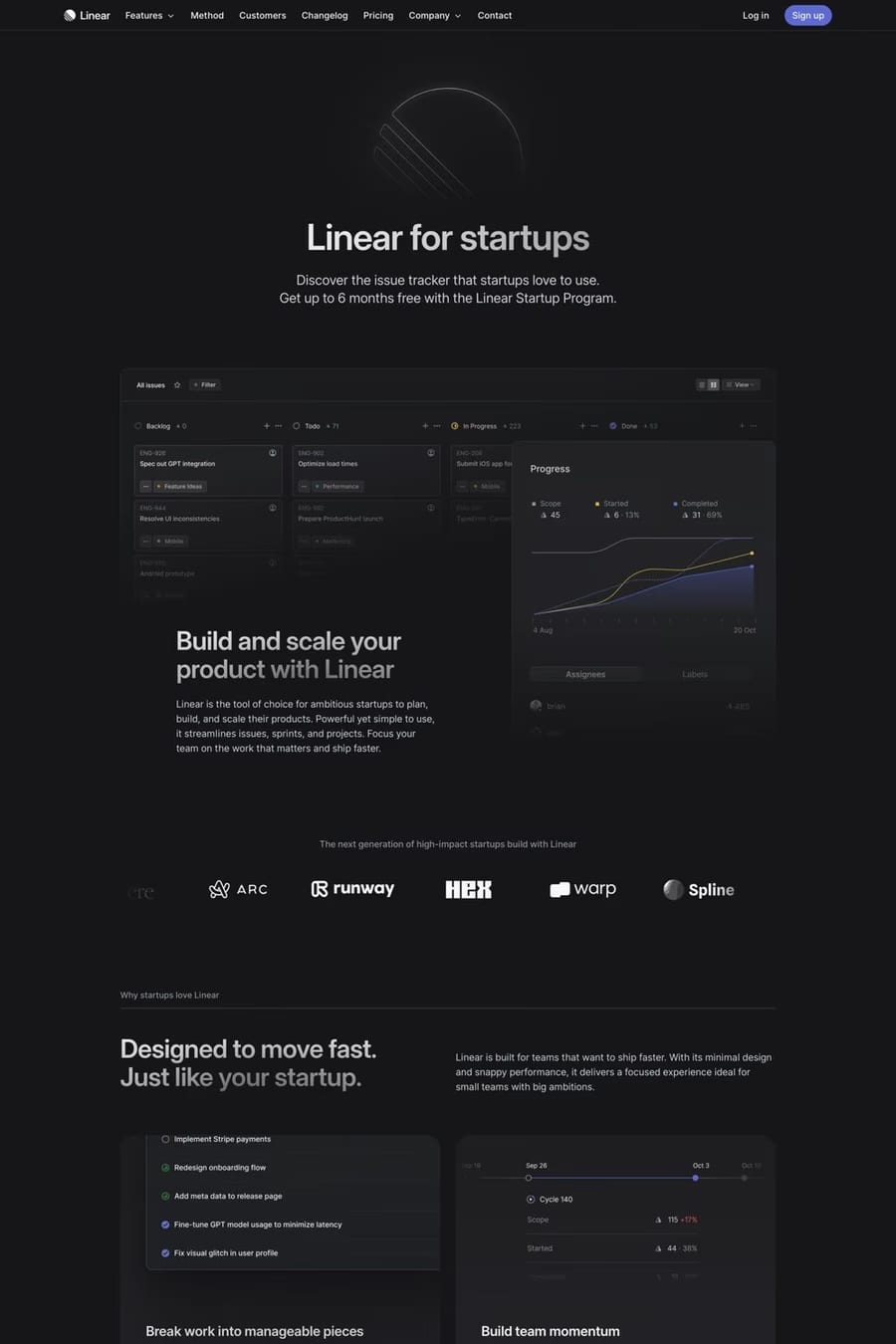 Linear for Startups — landing website screenshot