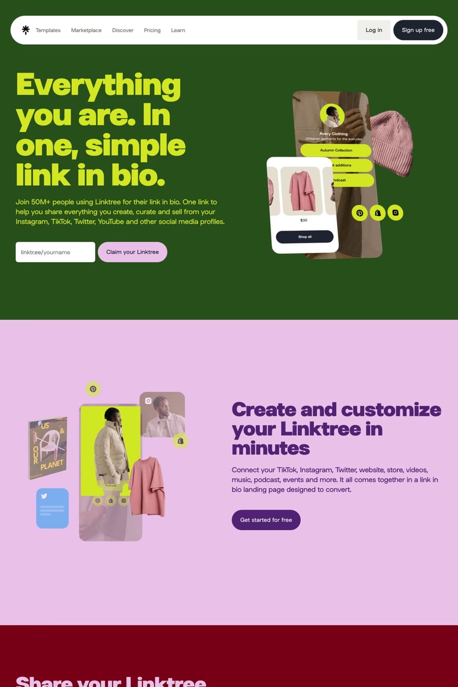 Linktree — screenshot of a colourful marketing landing page in green and light green