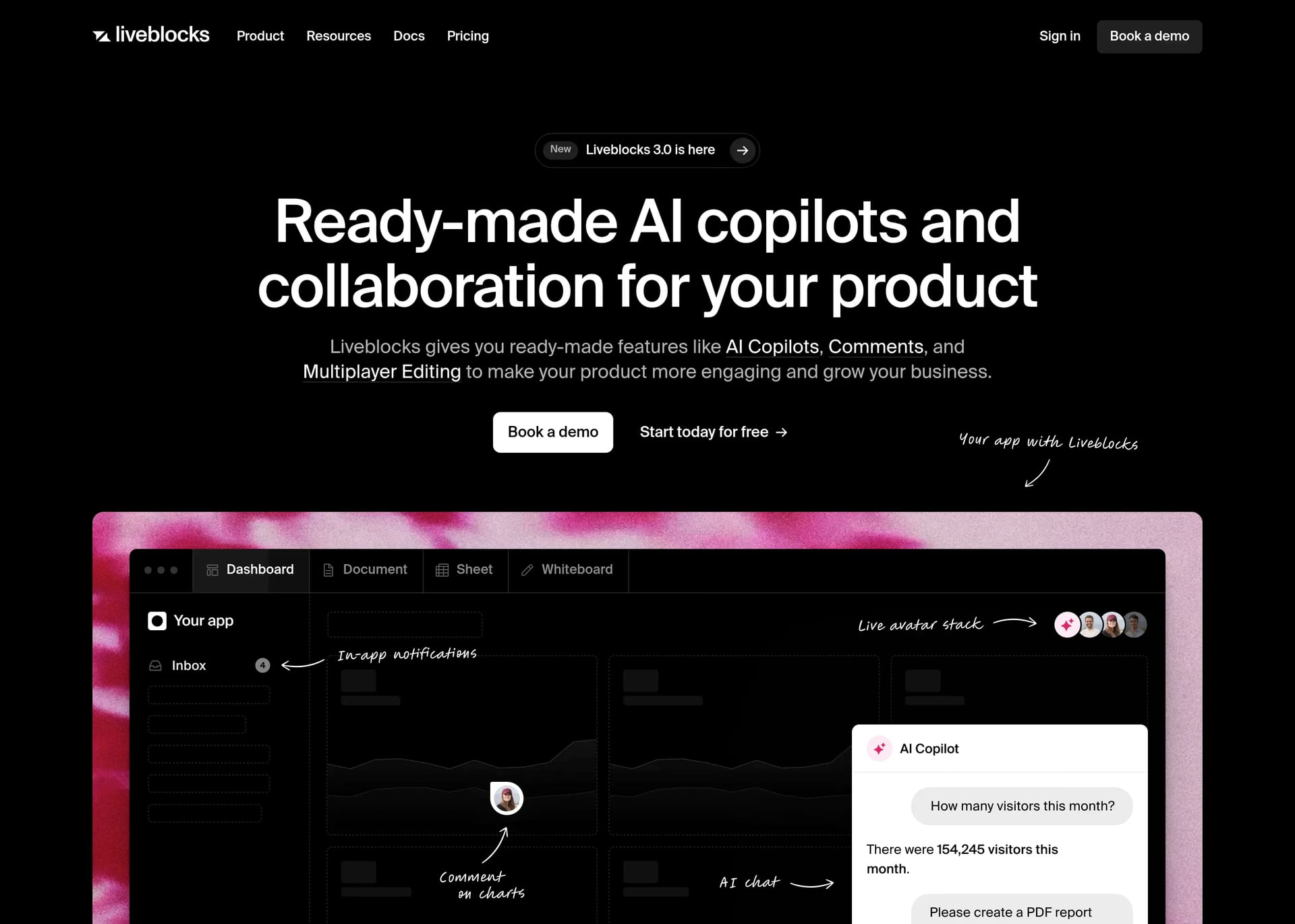 Liveblocks — screenshot of a dark productivity landing page in black