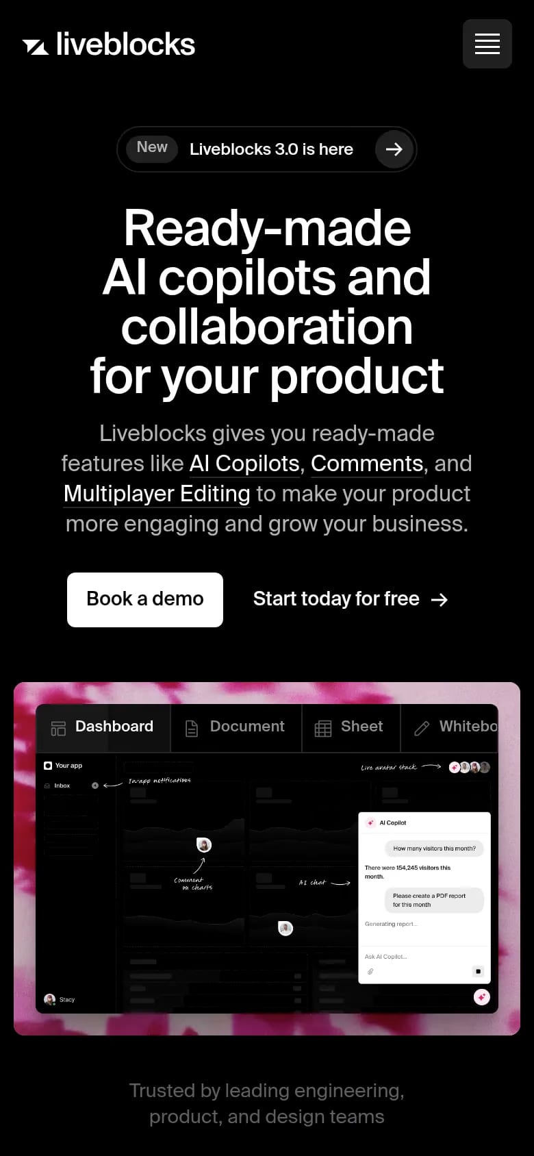 Liveblocks — mobile screenshot of a dark productivity landing page in black