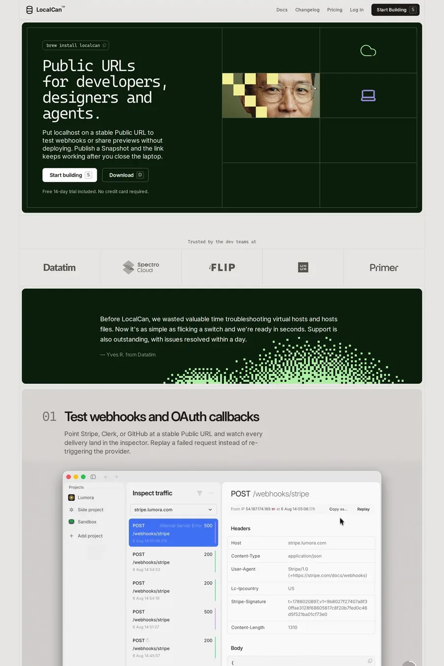 LocalCan — screenshot of a dark, techy development landing page in dark green and white