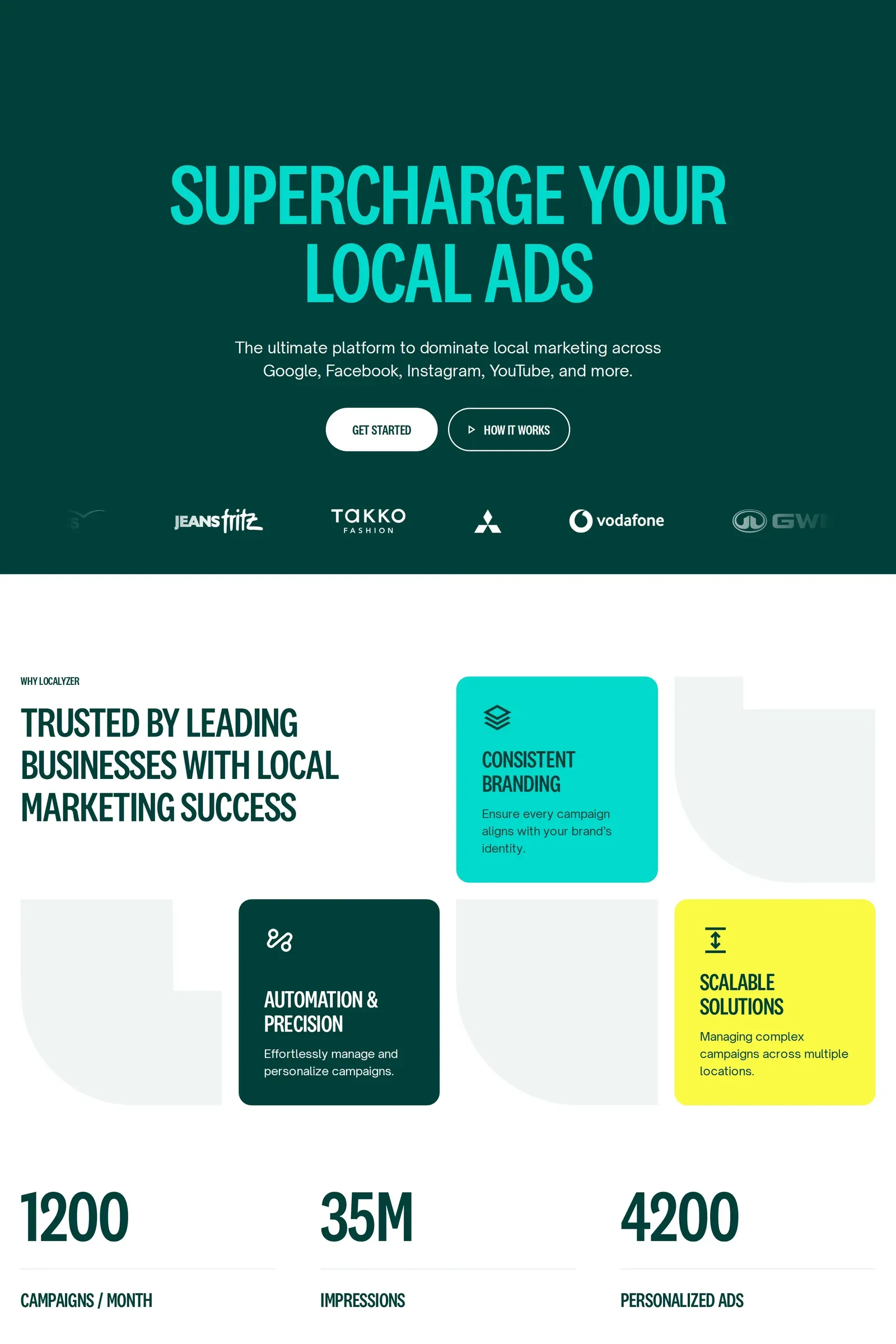 Localyzer — screenshot of a marketing landing page in dark green and light blue, with sans-serif type and condensed type