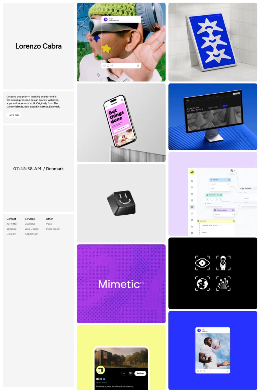 Lorenzo Cabra — screenshot of a design portfolio site in white and light grey, with a grid layout and a bento grid