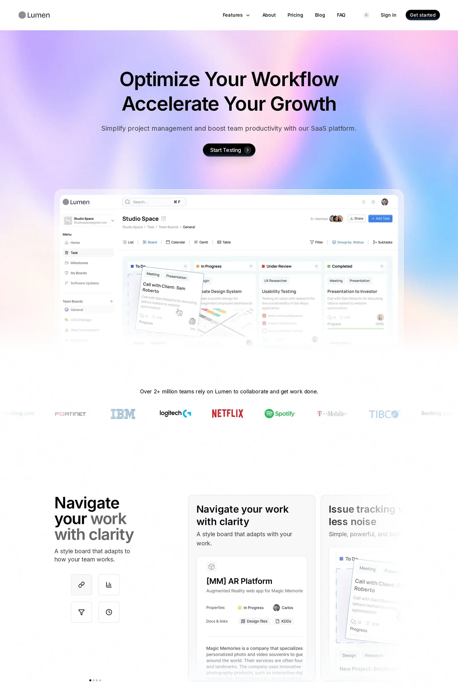 Lumen — screenshot of a light, noisy productivity website template in white and light purple