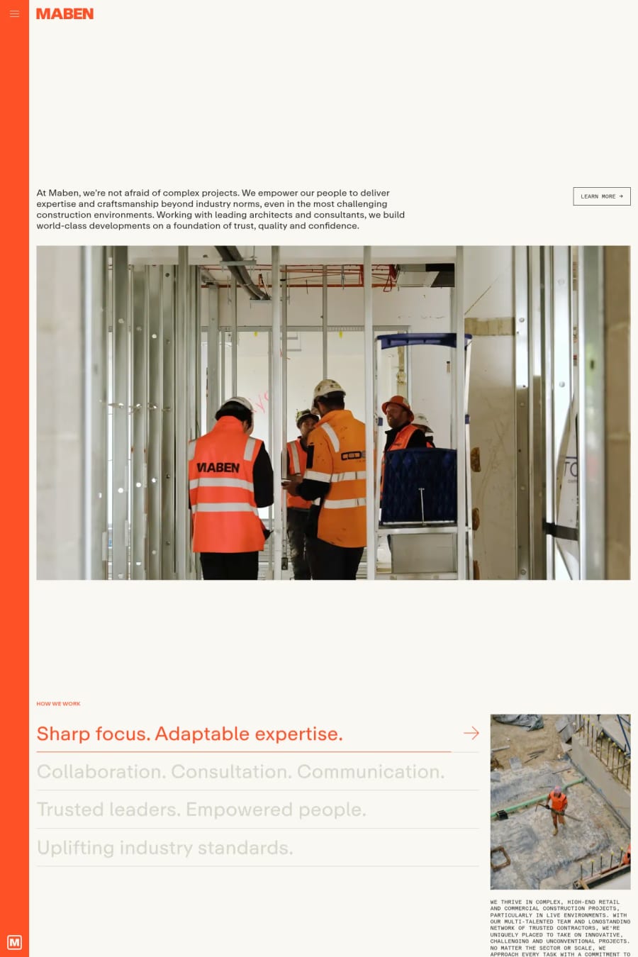 Maben — screenshot of a professional services agency site in white and orange, with sans-serif type and photography