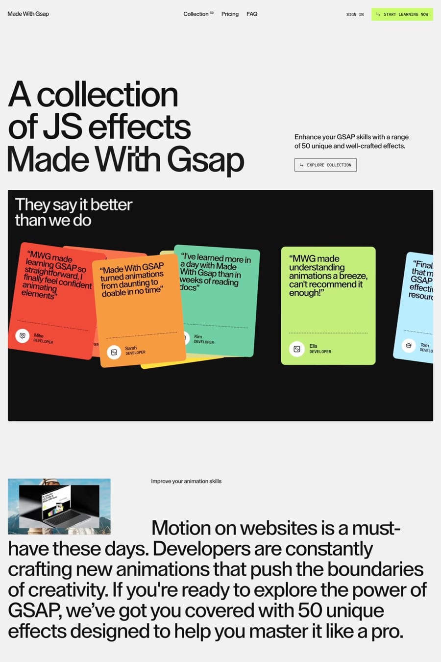 Made With Gsap — screenshot of a typographic development landing page in white and black