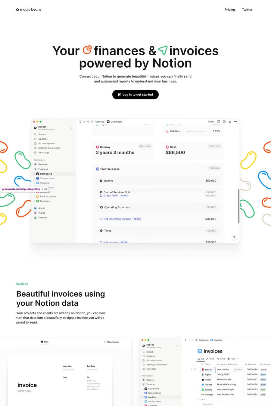 Magic Beans — screenshot of a light, hand-drawn finance landing page in white and black