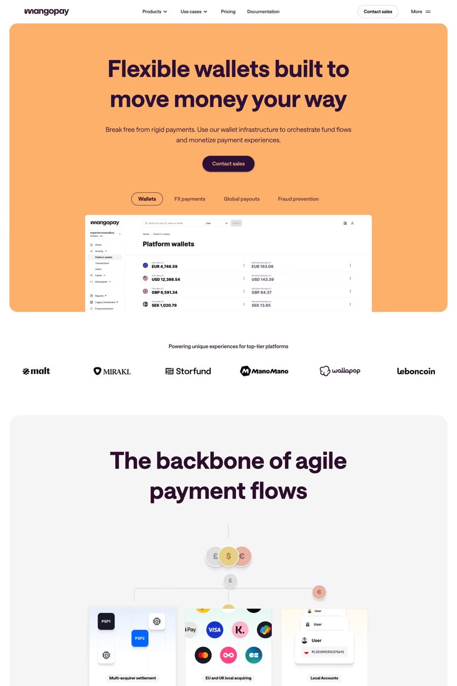 Mangopay — screenshot of a finance landing page in orange and light grey, with sans-serif type and gradients