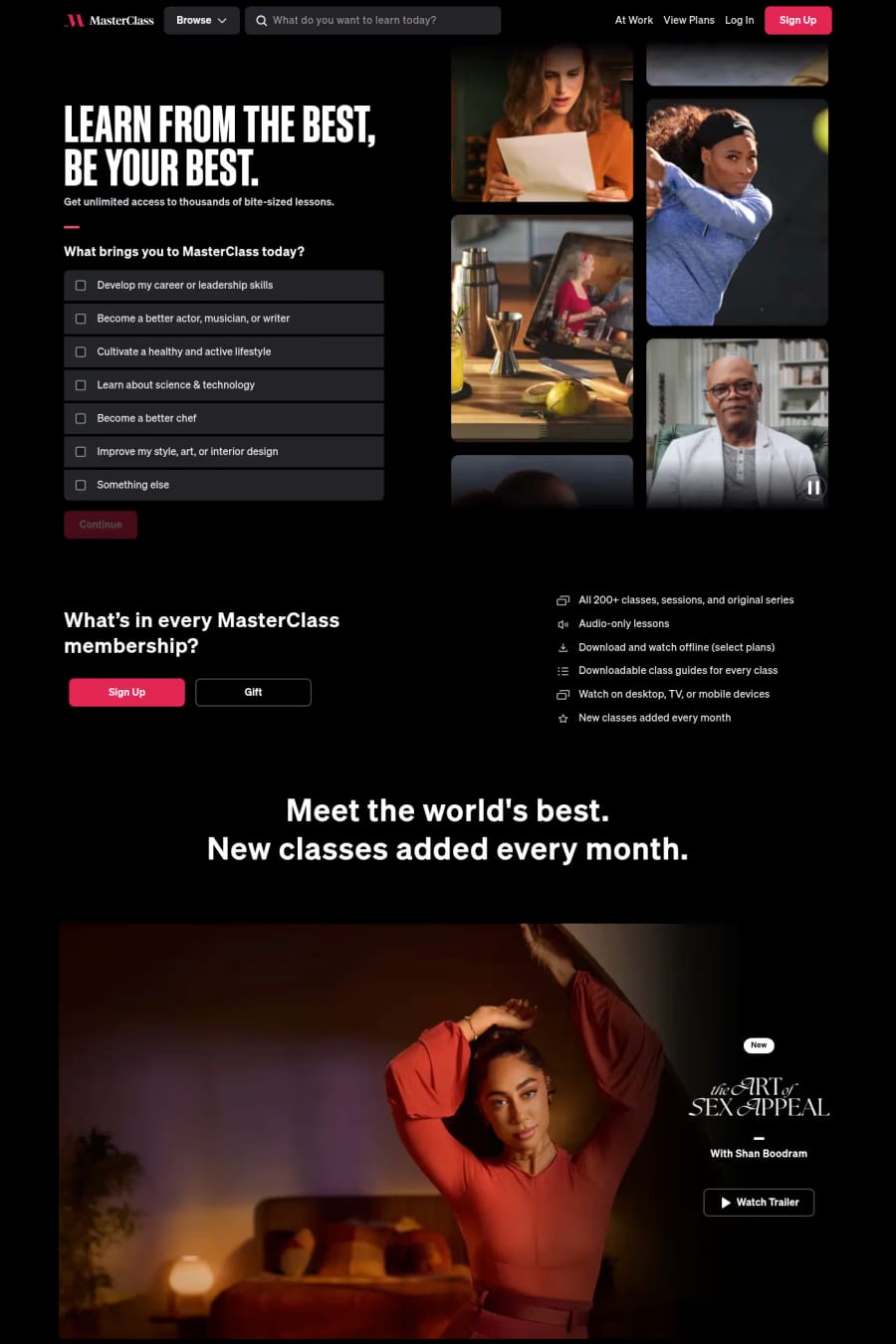 MasterClass — screenshot of a dark, typographic education landing page in black and red
