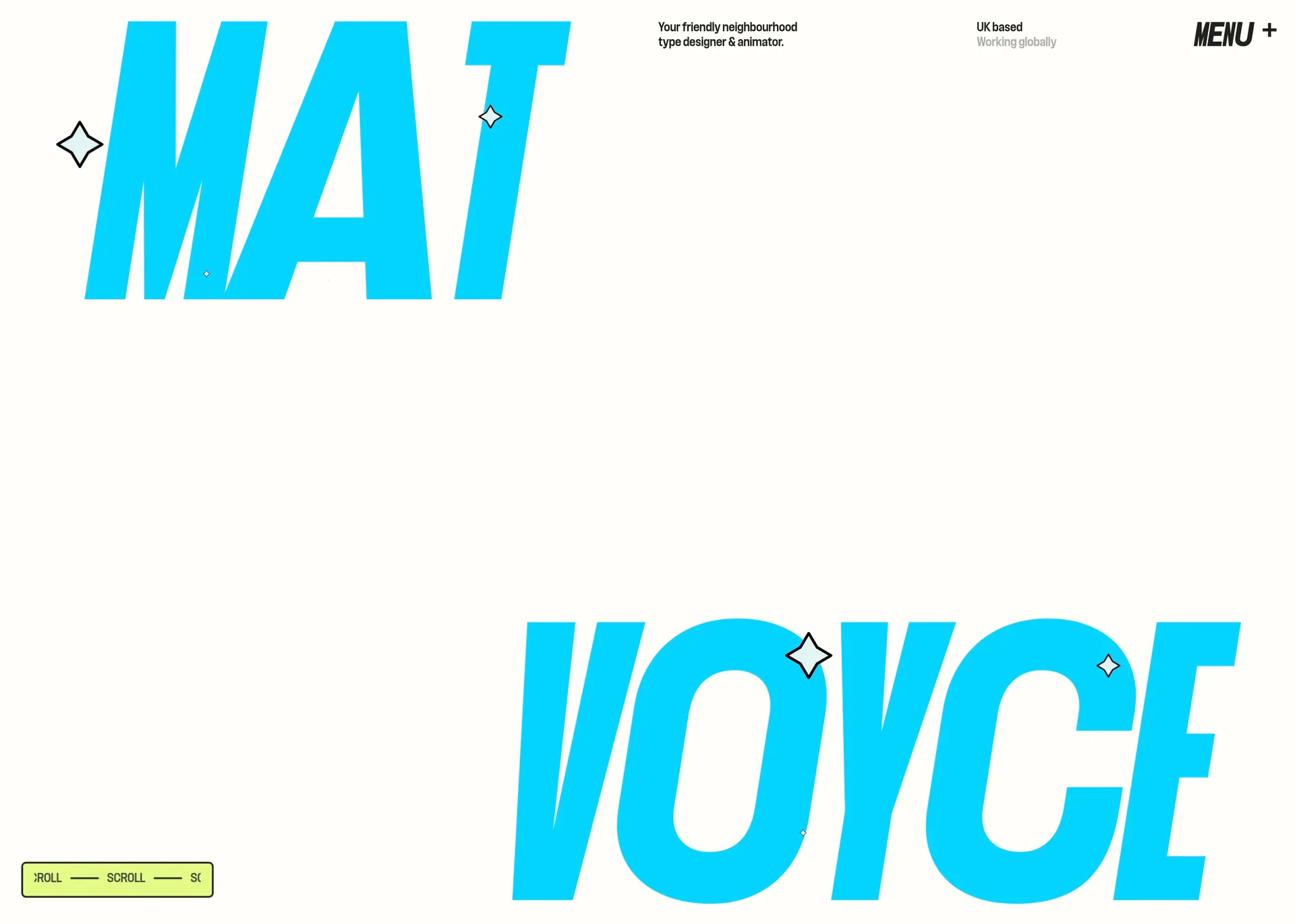 Mat Voyce — screenshot of a fun design portfolio site in white and light blue