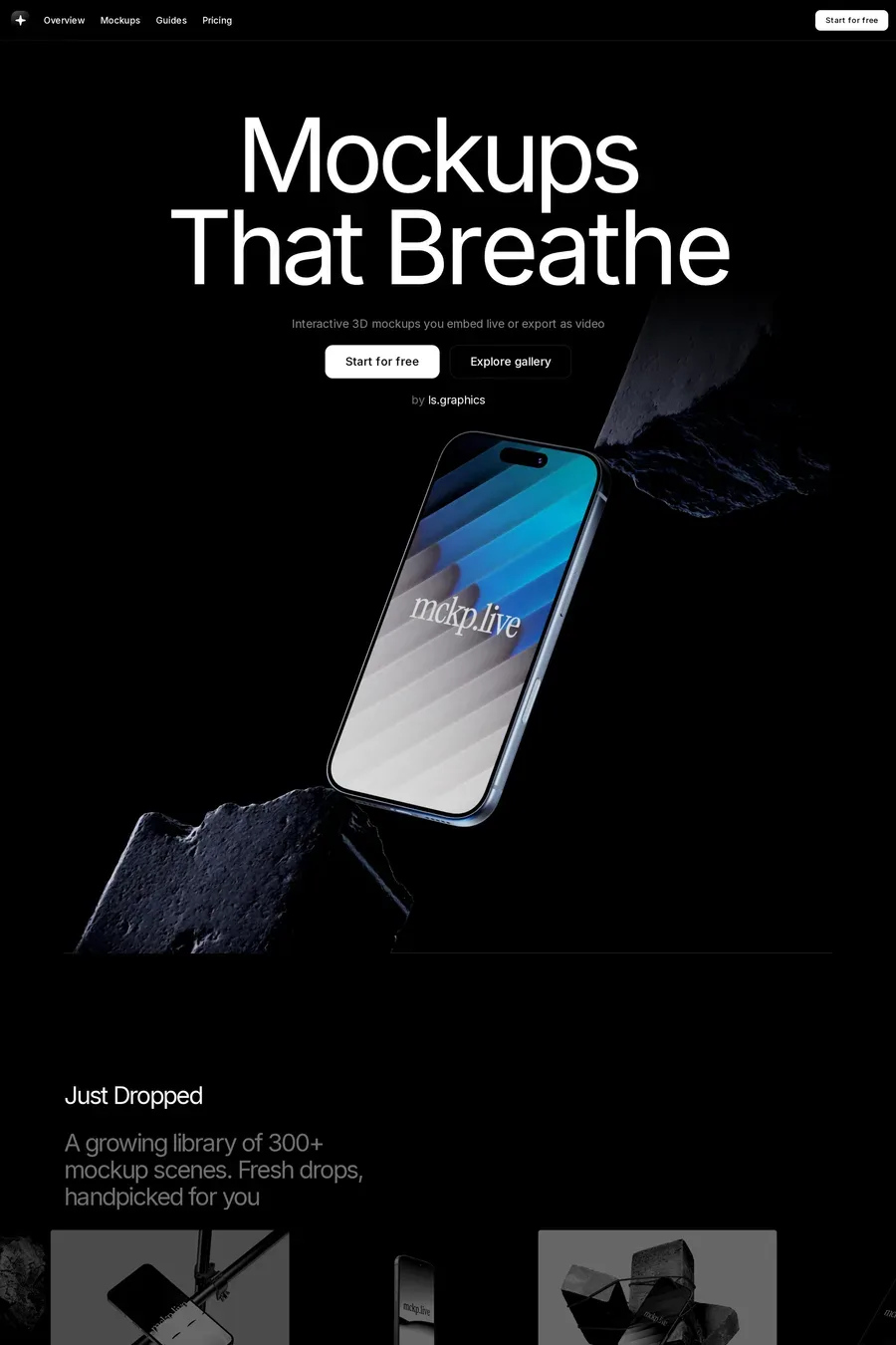 MCKP — screenshot of a dark, 3D design landing page in black and white