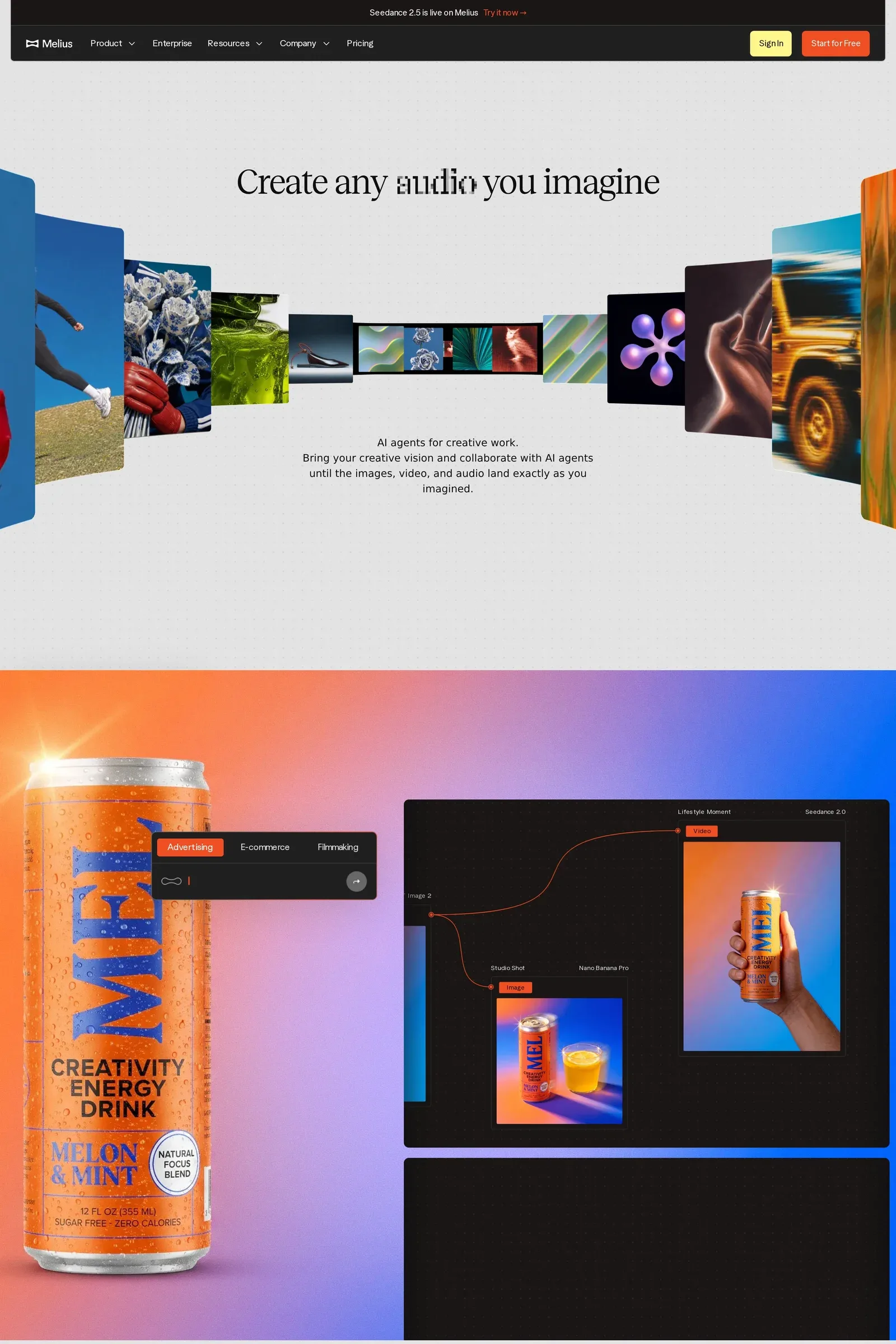 Melius — screenshot of a typographic, colourful AI landing page in light grey and black
