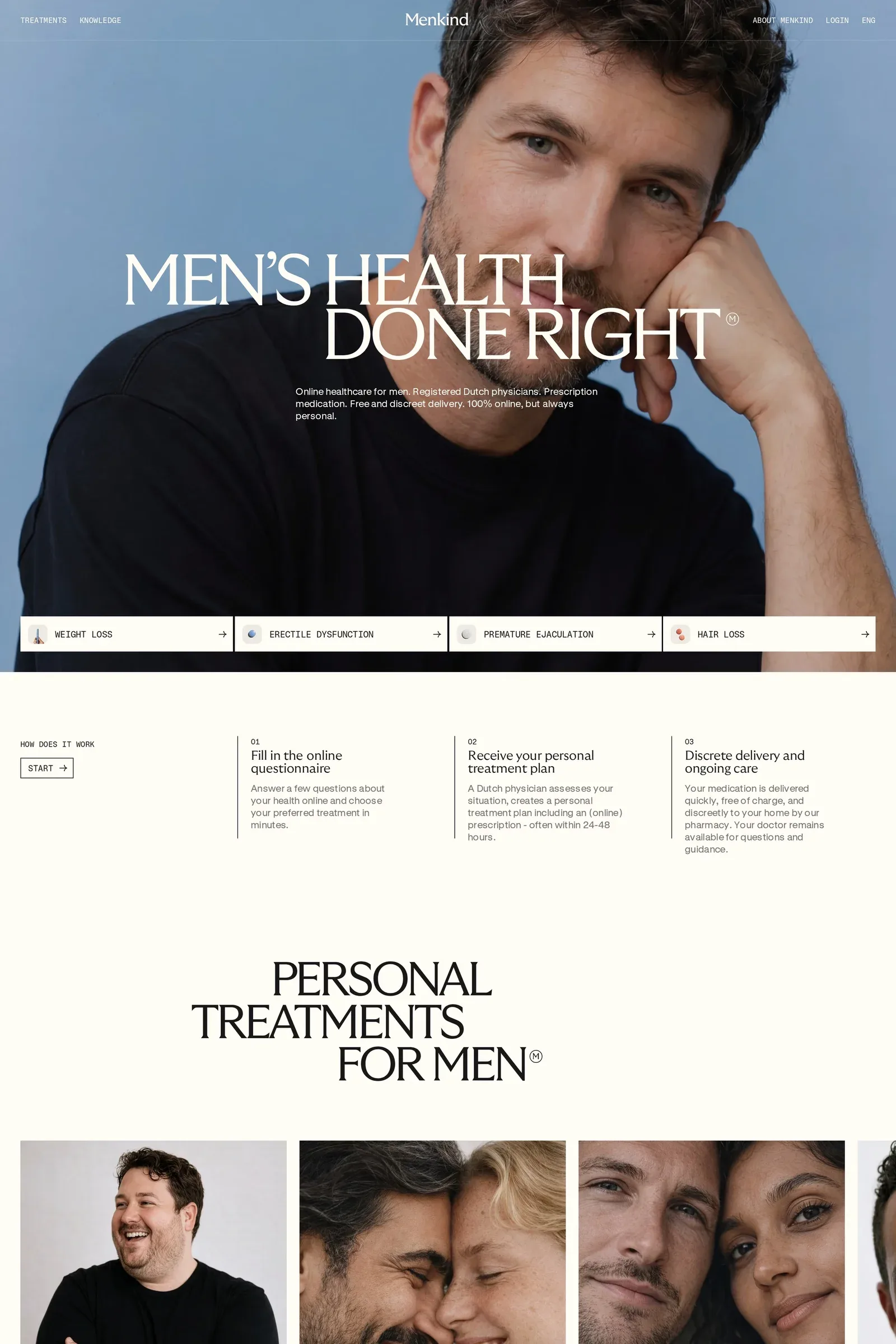 Menkind — screenshot of an elegant, minimal health landing page in cream and black