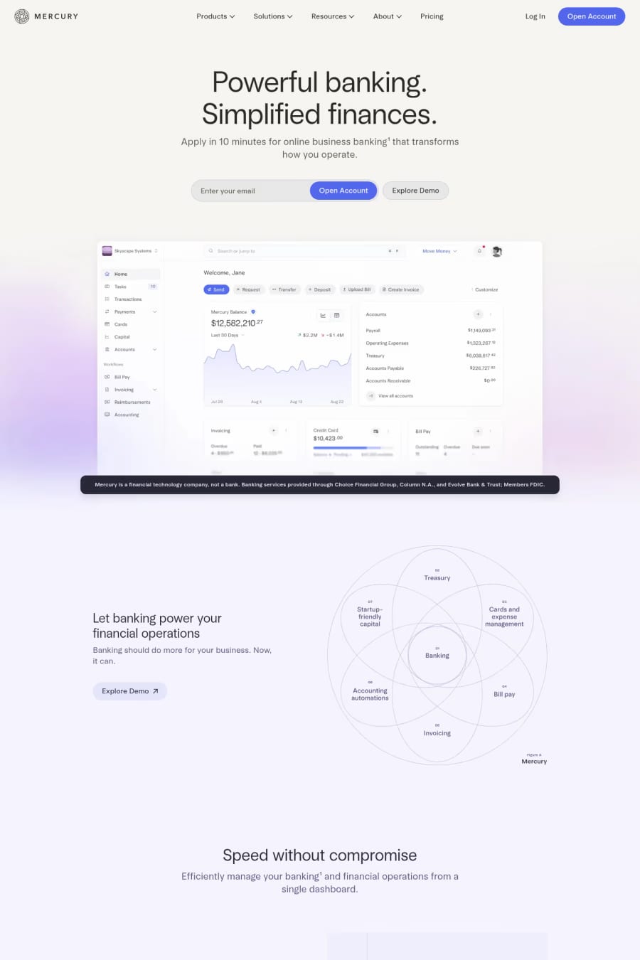 Mercury — screenshot of a finance landing page in white and light purple, with sans-serif type and gradients