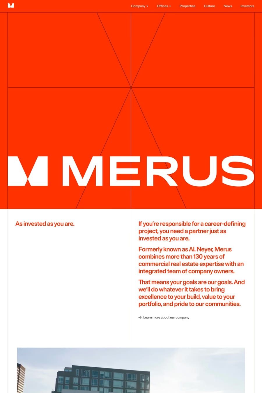 Merus — screenshot of a typographic real estate landing page in orange and white