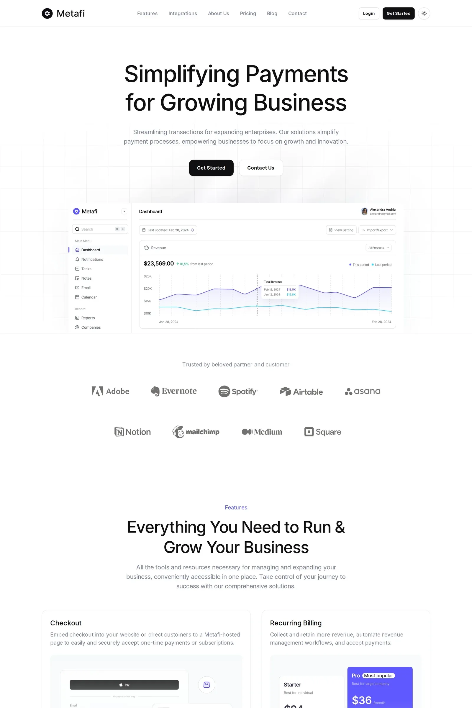 Metafi — screenshot of a light, minimal finance website template in white and light grey