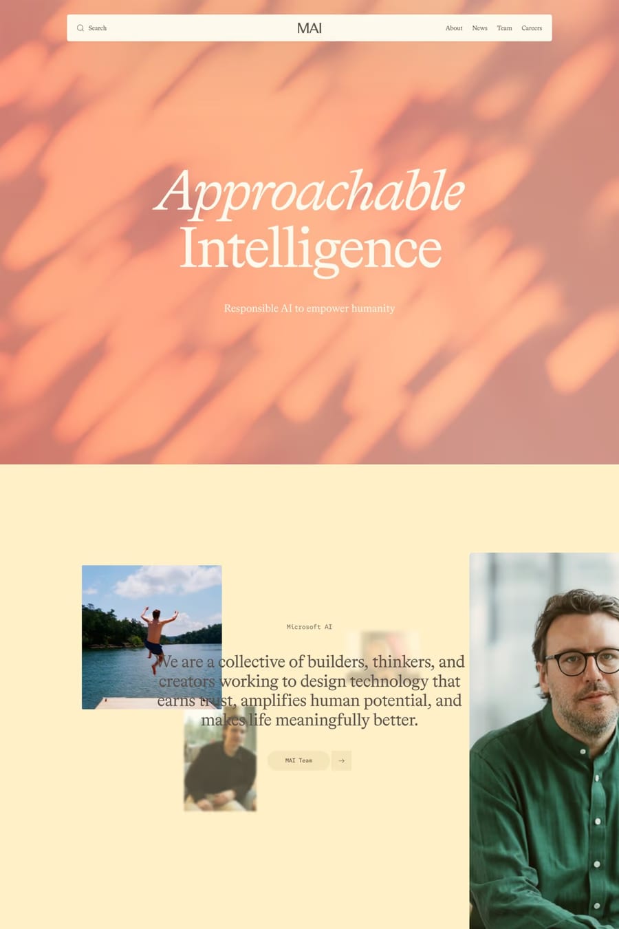 Microsoft AI — screenshot of a light, clean AI landing page in orange and light yellow