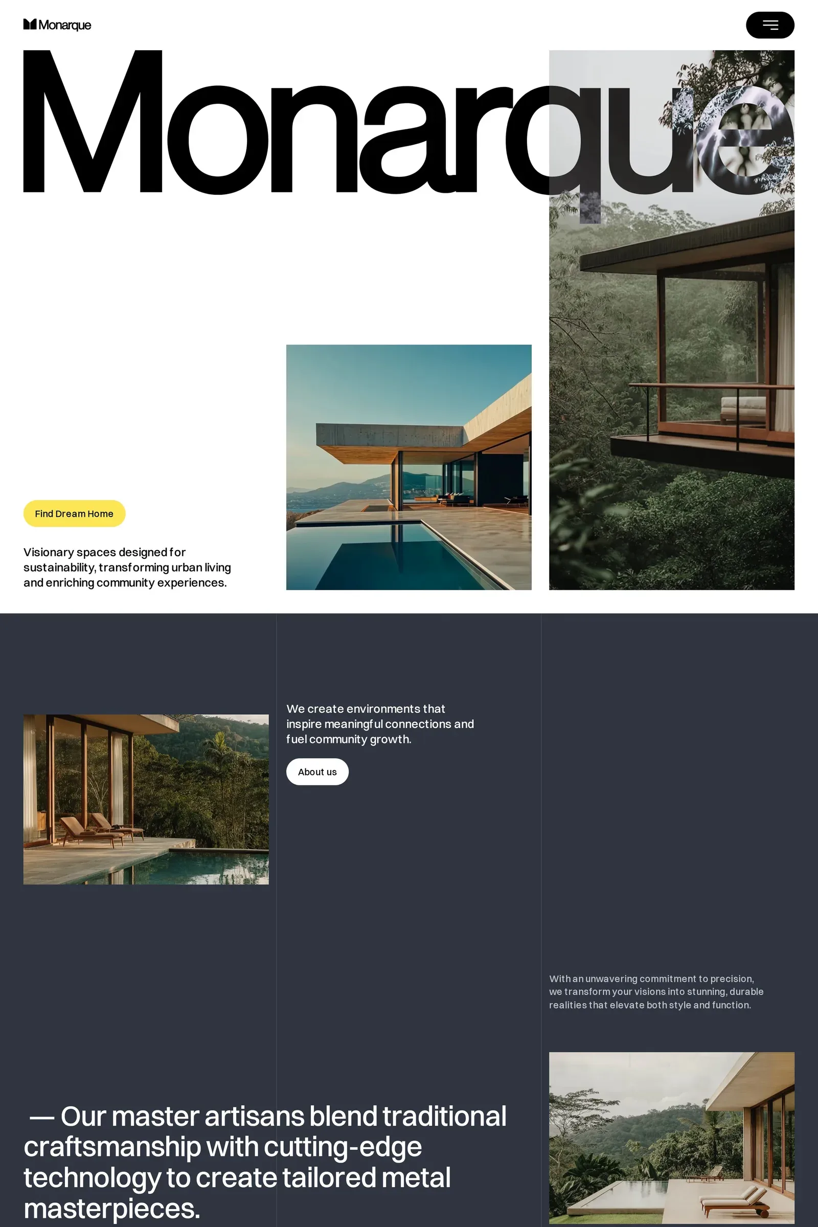 Monarque — screenshot of a real estate agency template in white and black, with big type and photography